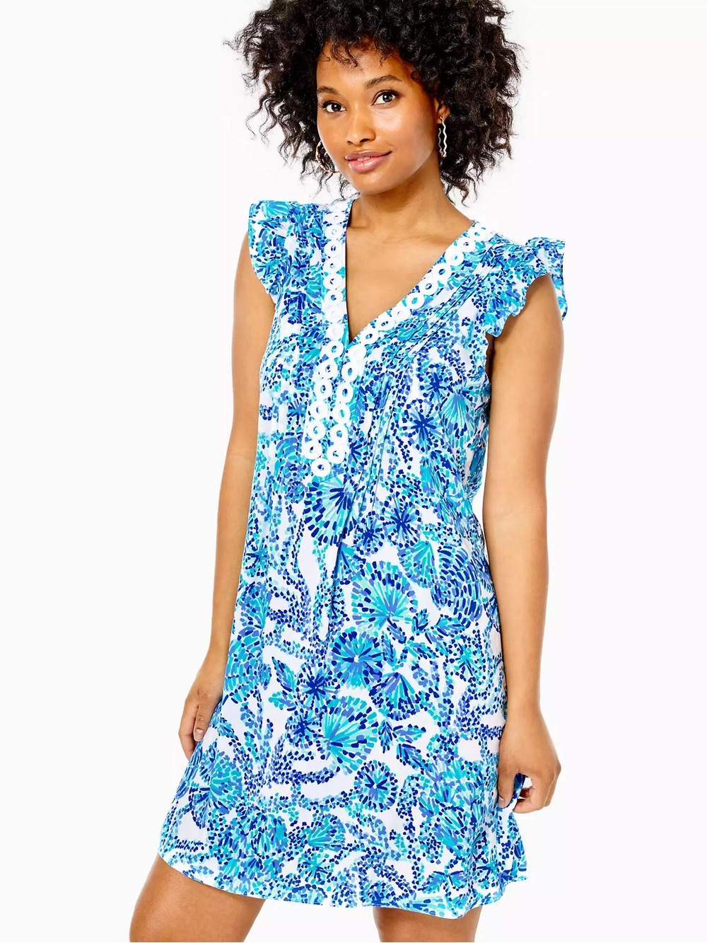 Lilly Pulitzer Womens XS Blue White Shell Print Lace Trim Dress preppy nautical